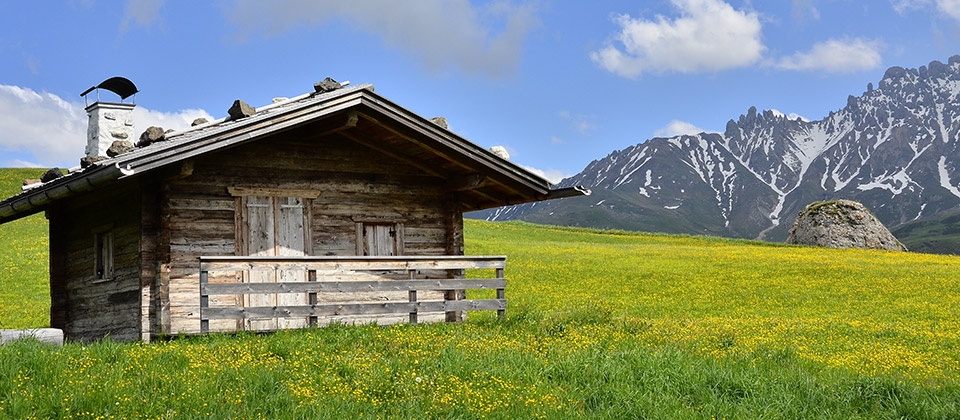 Single wooden alpine hut on a grass field in the Alpe di Siusi